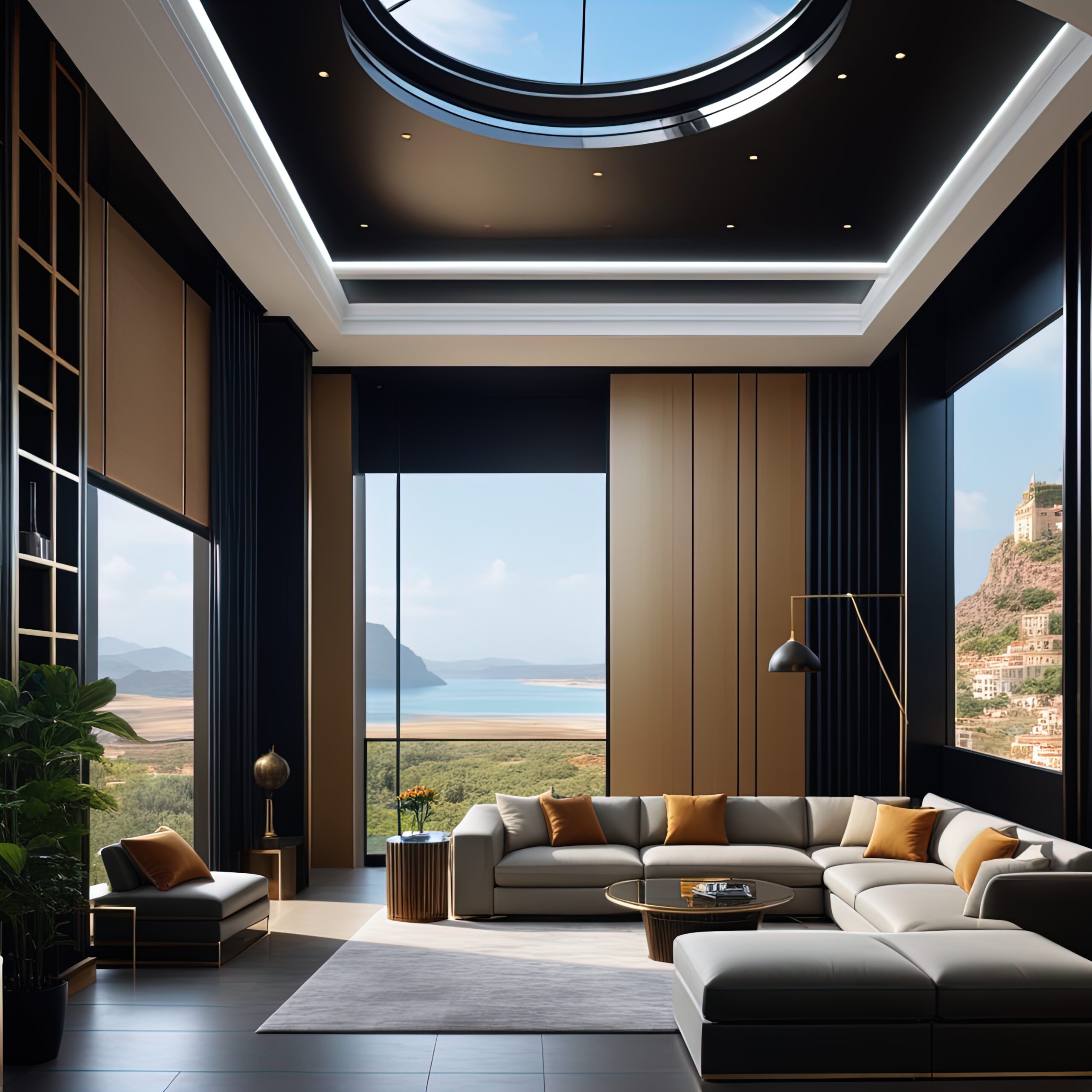 A spacious living room featuring a large window and a cozy couch