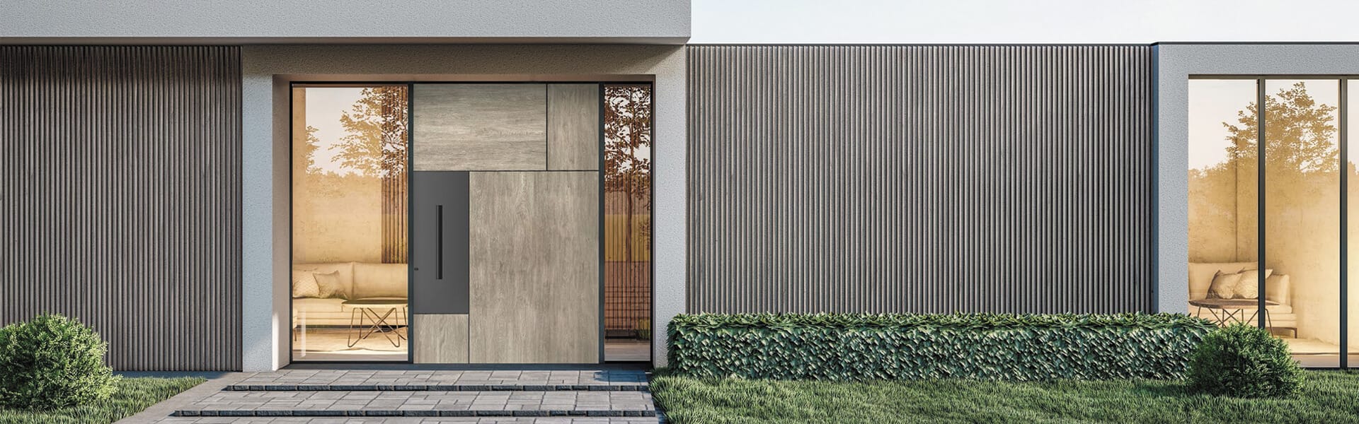 Modern home entrance featuring elegant Pivot doors with a sleek design and contemporary appeal