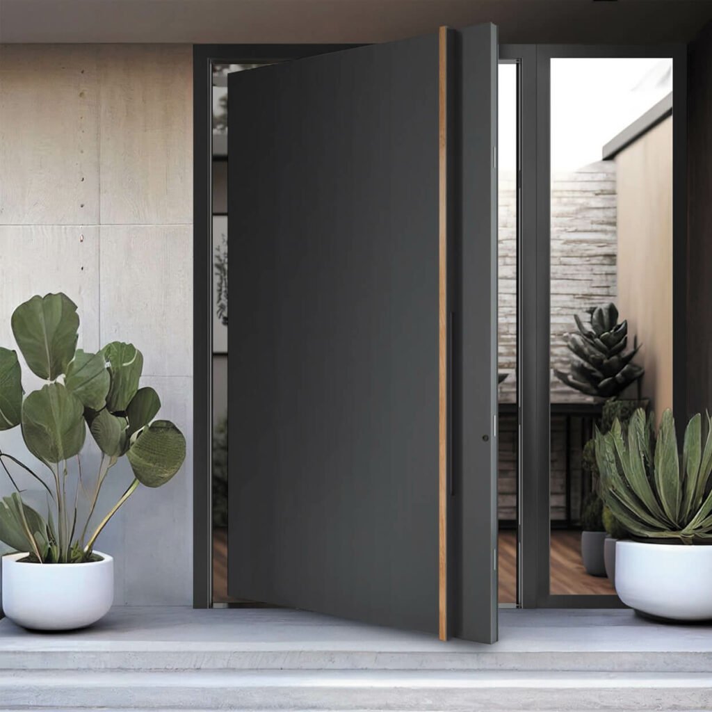 Modern home entrance featuring elegant Pivot doors with a sleek design and contemporary appeal