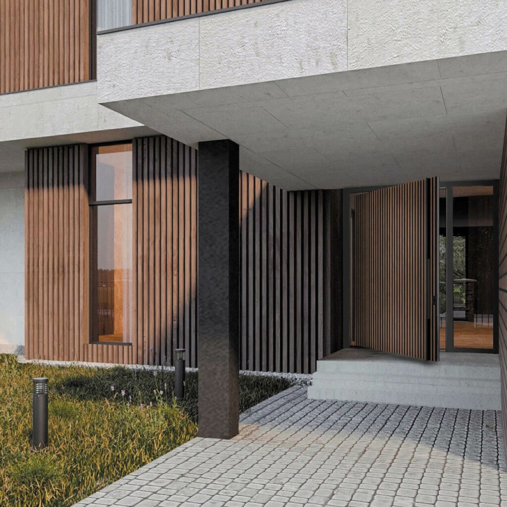 Modern home entrance featuring elegant Pivot doors with a sleek design and contemporary appeal