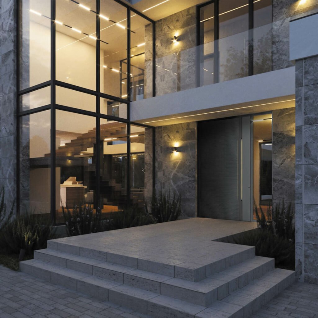 Modern home entrance featuring elegant Pivot doors with a sleek design and contemporary appeal